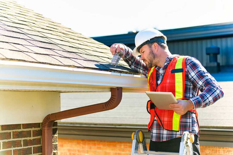 Homeowner comparing roof color samples beside siding and trim on a suburban house.