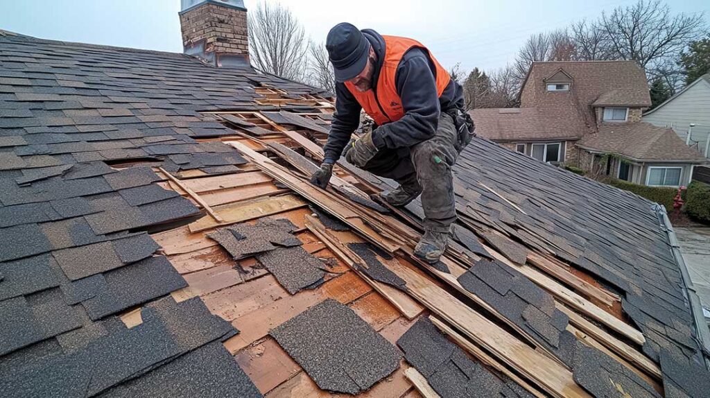 Sunlit asphalt shingles with uneven fading and granules collected in a roof gutter.