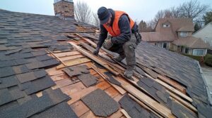 Sunlit asphalt shingles with uneven fading and granules collected in a roof gutter.